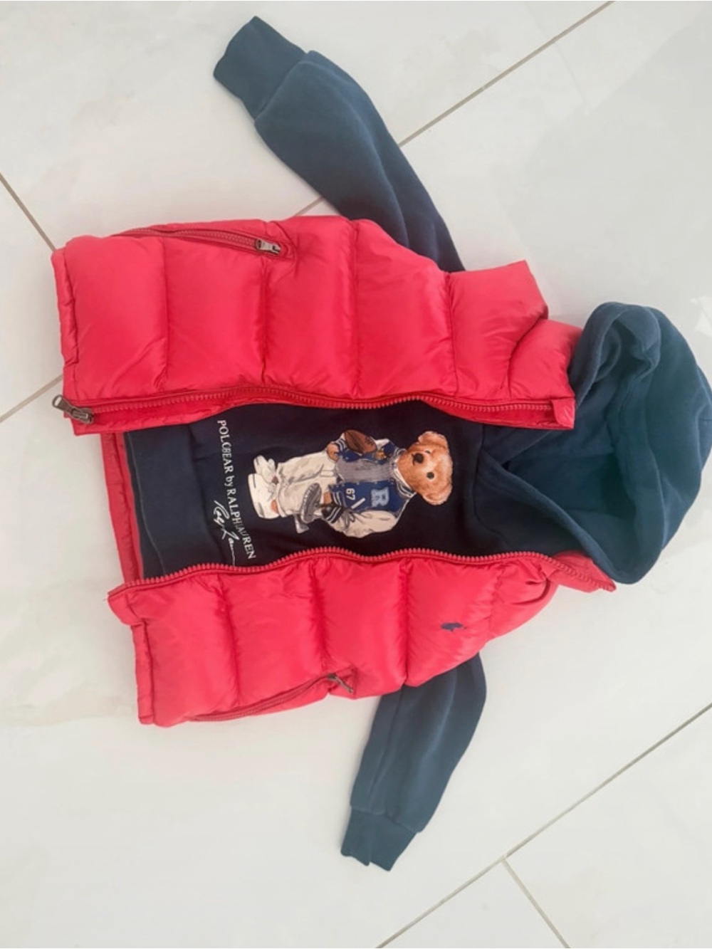 Polo by Ralph Lauren Red Puffer Vest with Navy Hoodie Layer